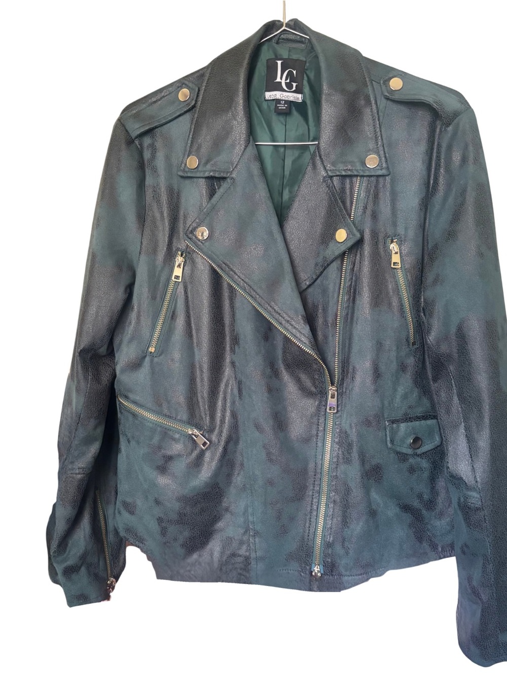 Leah Gottlieb LG Size 14 Metallic Teal Distressed Faux Leather Moto Jacket
